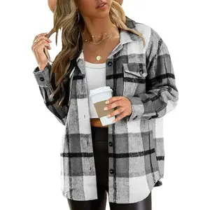 【Plus Size】Womens Shacket Jacket Flannel Plaid Long Sleeve Button Down Shirts Casual Fall Blouses Tops Denim Fabric tweed blazer（gift） Womenswear CoatsGift