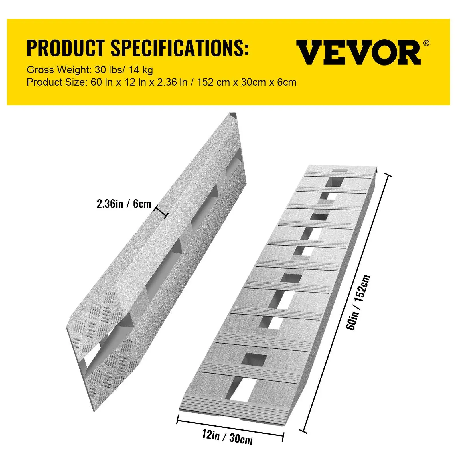 【Summerfinds】VEVOR Aluminum Truck Trailer Ramps - 60''x12''x2.5'' Beavertail Hook End, 6000LBS Total Capacity, 1 Pair (2 Ramps) for ATV, Tractor Stability Support