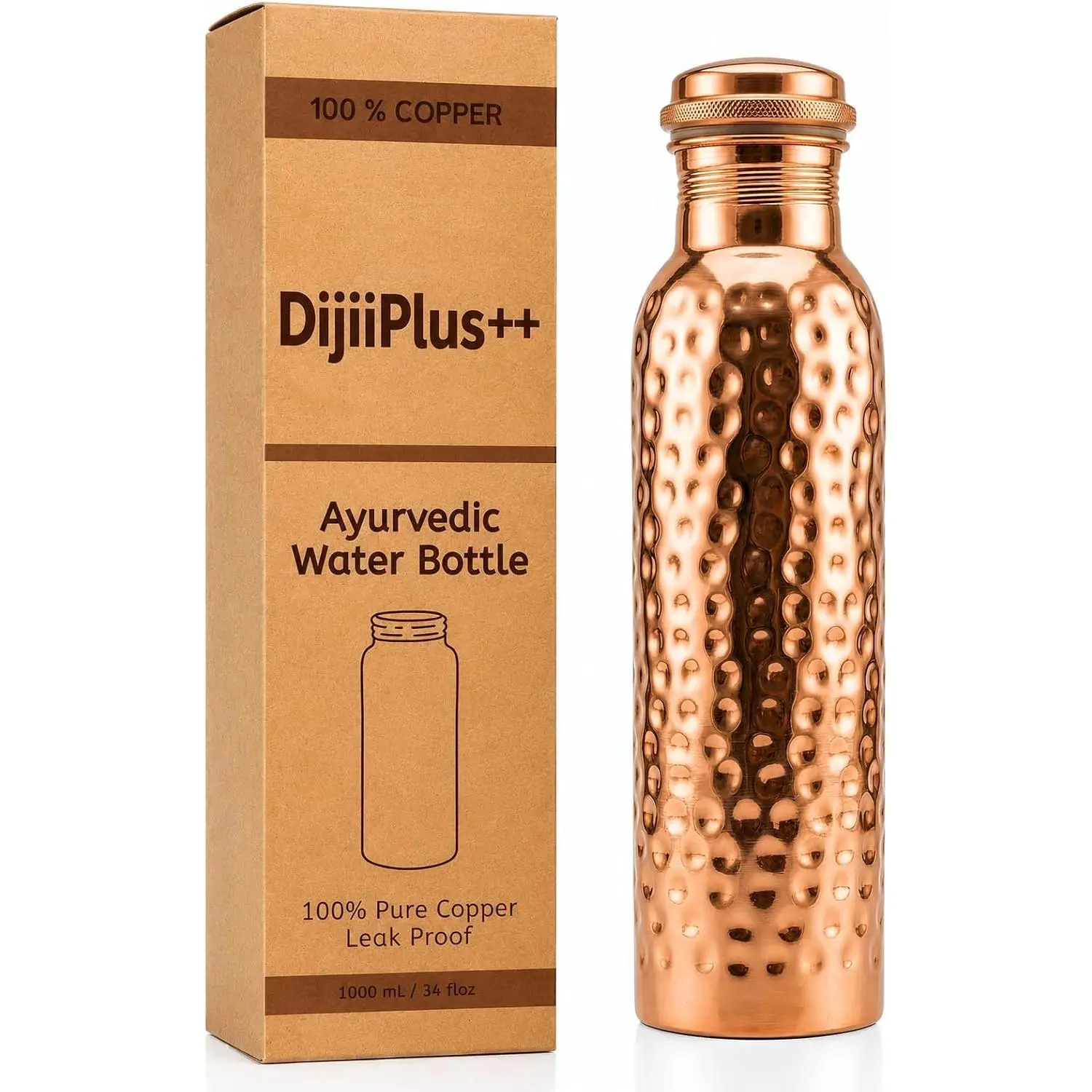 Copper Water Bottle (34oz/1000ml) 100% Pure Handmade Hammered Ayurvedic