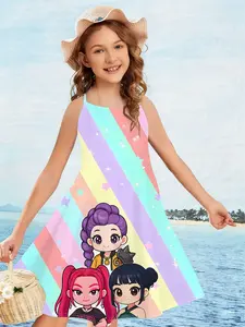 Idol Girl Group K-Pop Backless Dress, Rainbow Striped Q-Version 3D Printed Summer Fashion, Colorblock Dress, Comfortable Soft Daily Wear, Holiday Gift