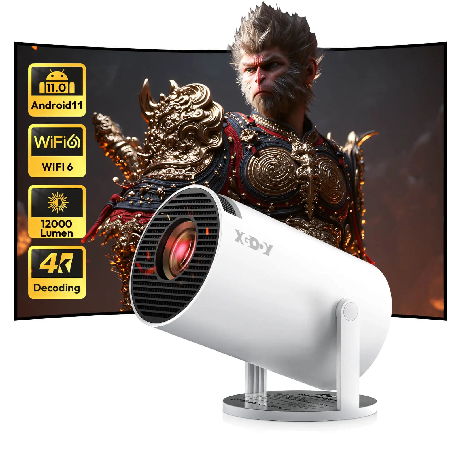 Smart Mini Projector XGODY Gimbal 3 with Night Light Projection, WiFi 6, Bluetooth 5.0, Android TV 11, 12000L 4K Support, Auto Keystone, Built-in Audio for Home Movies Mini 4K