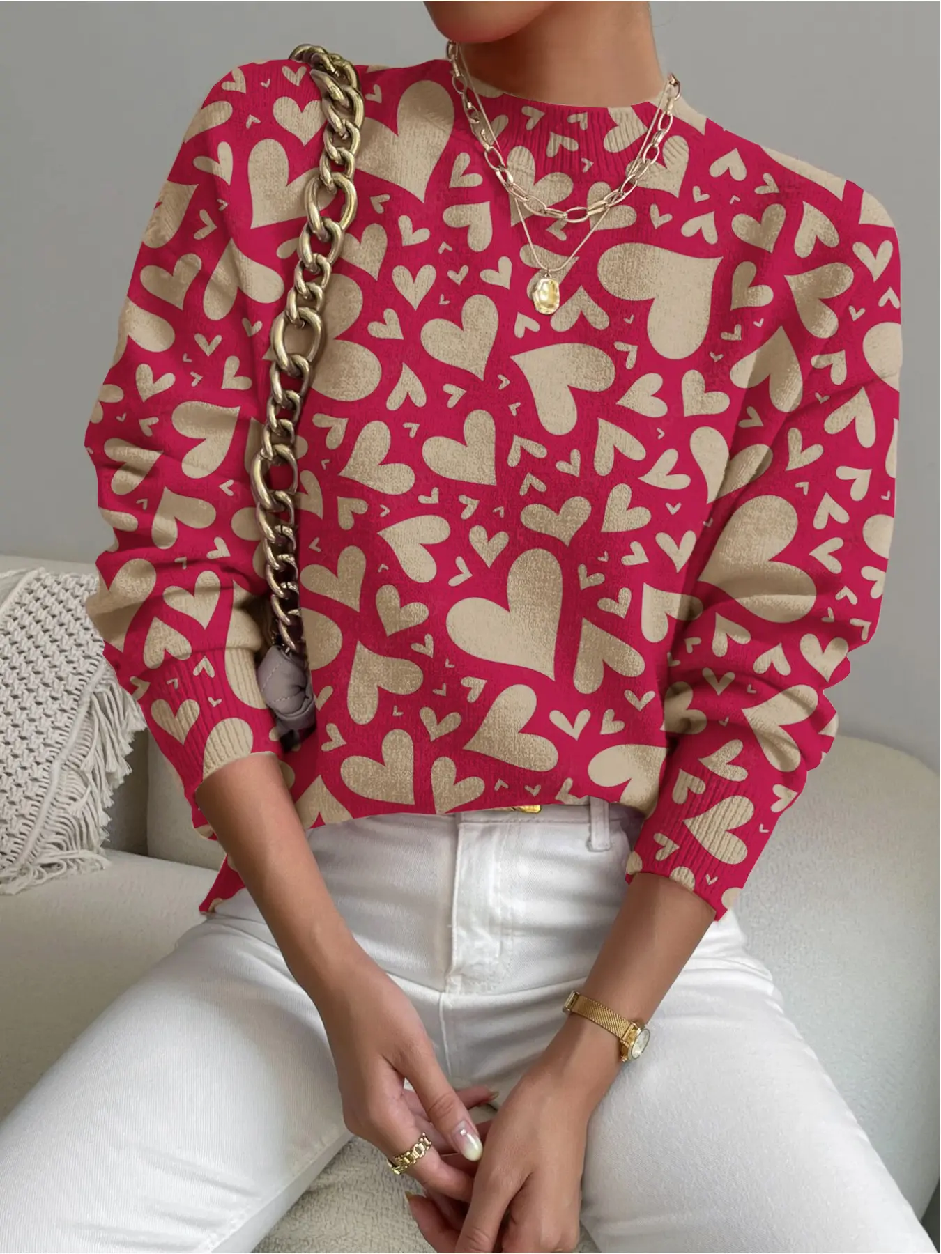 Women's Valentine's Day Heart Print Stand Collar Sweater, Fall Winter Casual Long Sleeve Knitwear, Comfortable Warm Daily Wear