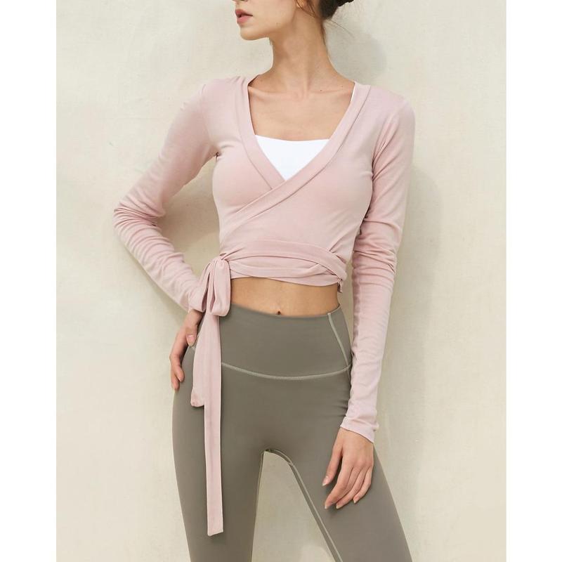 Women Solid Color Dance TopsFit Wrapped V Neck Tie-up Long Sleeve Crop Ballet Cardigan
