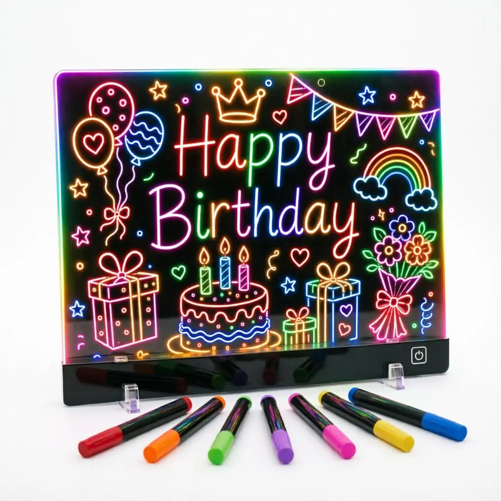 LED Message Board with 7 Pens Acrylic Light-Up Board Dry Erase Gift w/Base & Markers for Meal Planning, Home Organization, Home Decor