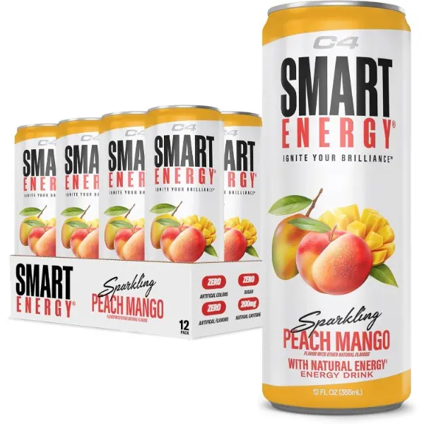 Smart Energy Drink ‚ Boost Focus and Energy with Zero Sugar, Natural Energy, and Nootropics - 200mg Caffeine - Peach Mango (12oz Pack of 12) campingessentials