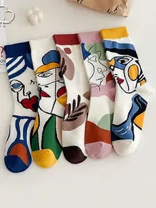 Men's Colorful Face & Line Pattern Mid-Calf Socks, Menswear, Anti-Odor Sweat Absorbent, High-Waisted Fashion Socks for All Seasons, Casual Stylish Socks