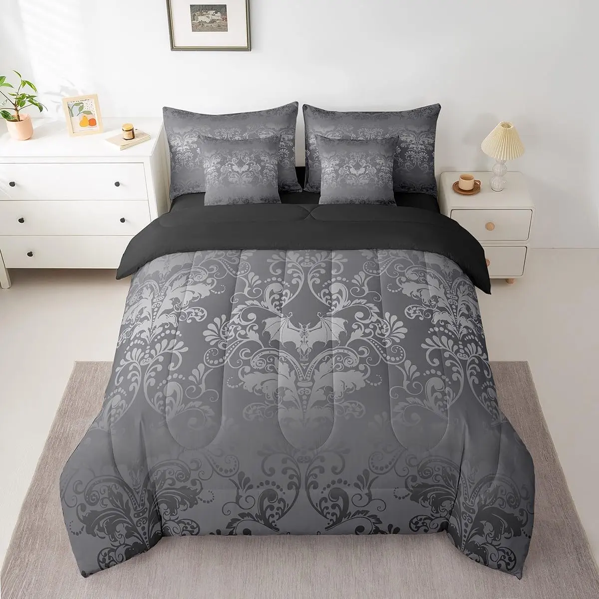 Feelyou 7-Piece Gothic Damask Bed-in-a-Bag Comforter Set, Silver Gray Victorian Floral Goth Breathable Microfiber Soft Bedding Set with Halloween Bat Decorative Duvet Elements, Breathable Duvet Set, Decorative Bedding Set