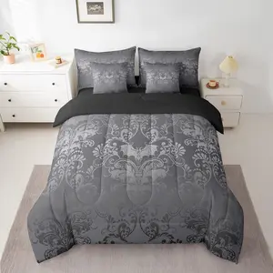Gothic Damask Bed in a Bag Comforter Set,7 Piece,Halloween Bat Bedding Sets,Silver Gray Victorian Floral Goth Sheet Set with Comforter