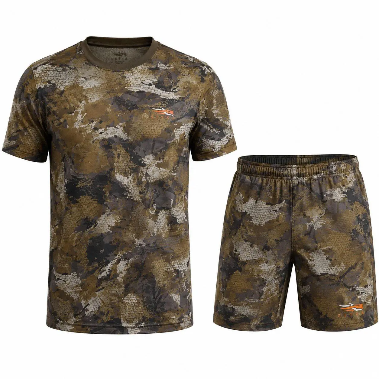 SITKA Camo Performance T-Shirt & Shorts Set for Men, Lightweight Breathable Hunting Outfit, Moisture Wicking Athletic Camouflage 2 Piece Activewear