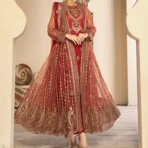 Desi Pakistani Red Maroon Gown Dress with Gold Embroidery and Elegant Design for Special Occasions