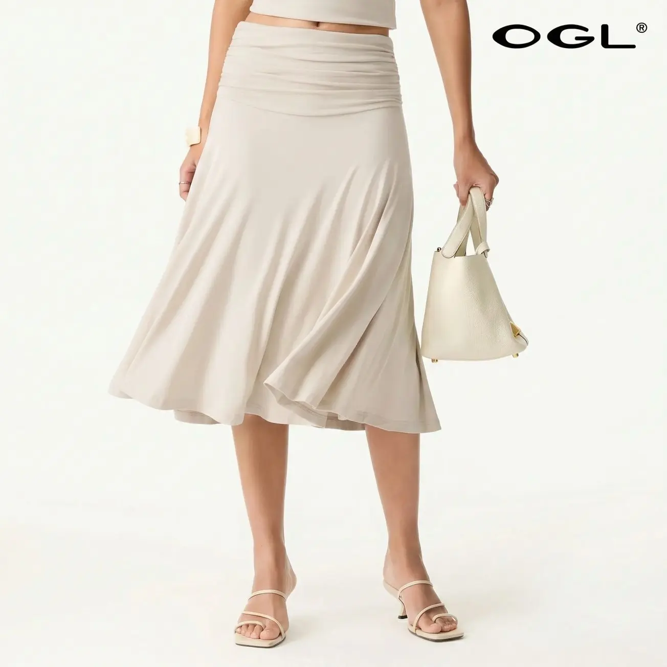 OGL Flowy Side Ruched A-line Midi Skirt - High Stretch, Pear Shaped & Hourglass Friendly Women's Skirt thunder thigh skirt