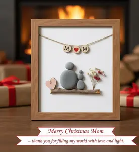 Vertical Pebble Art Mother & Child Christmas Gift | Personalized M Heart M Banner Stone Art | Xmas Present for Mom | Love and Light Quote