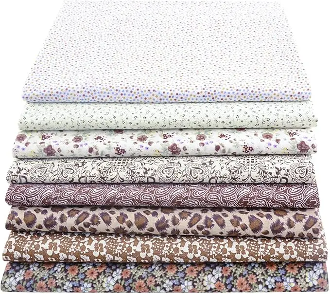 100% Cotton Fabric for Sewing-8 Pieces (20"x20"), Floral Cotton Craft Fabric, Bundle Squares Fabric, DIY Cloths Patchwork, Pre-Cut Quilt Quilting Fabric(Brown White)