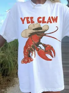 Western Cowboy Lobster Print Short Sleeve T-Shirt, Loose Fit Breathable Casual Top, Unisex Vintage Beach Vacation Style