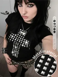 Women's Fitted Short Sleeve T-Shirt, Gothic Punk Rock Hip Hop Streetwear Design, Metal Rivets, Fashion Casual Basic Top, Y2K Style, Womenswear