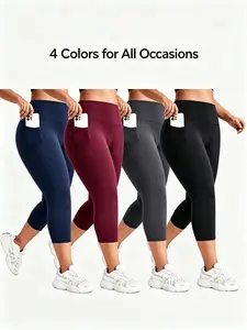Women's Plus Size Tummy Control High Waist Capri Leggings 4-Pack - Soft, Skin-Friendly Sports Bottoms for Curve-Focused Wearers