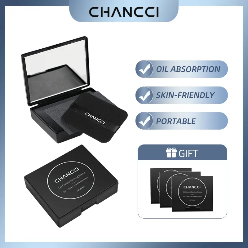 CHANCCI Black Magnet Oil Blotting Setting Sheet With Powder More Control Oil Keep Fresh 2 IN 1 Blotting Sheet with Mirror Puff & Recyclable Case 600 Sheets 1 Box 3 Refills