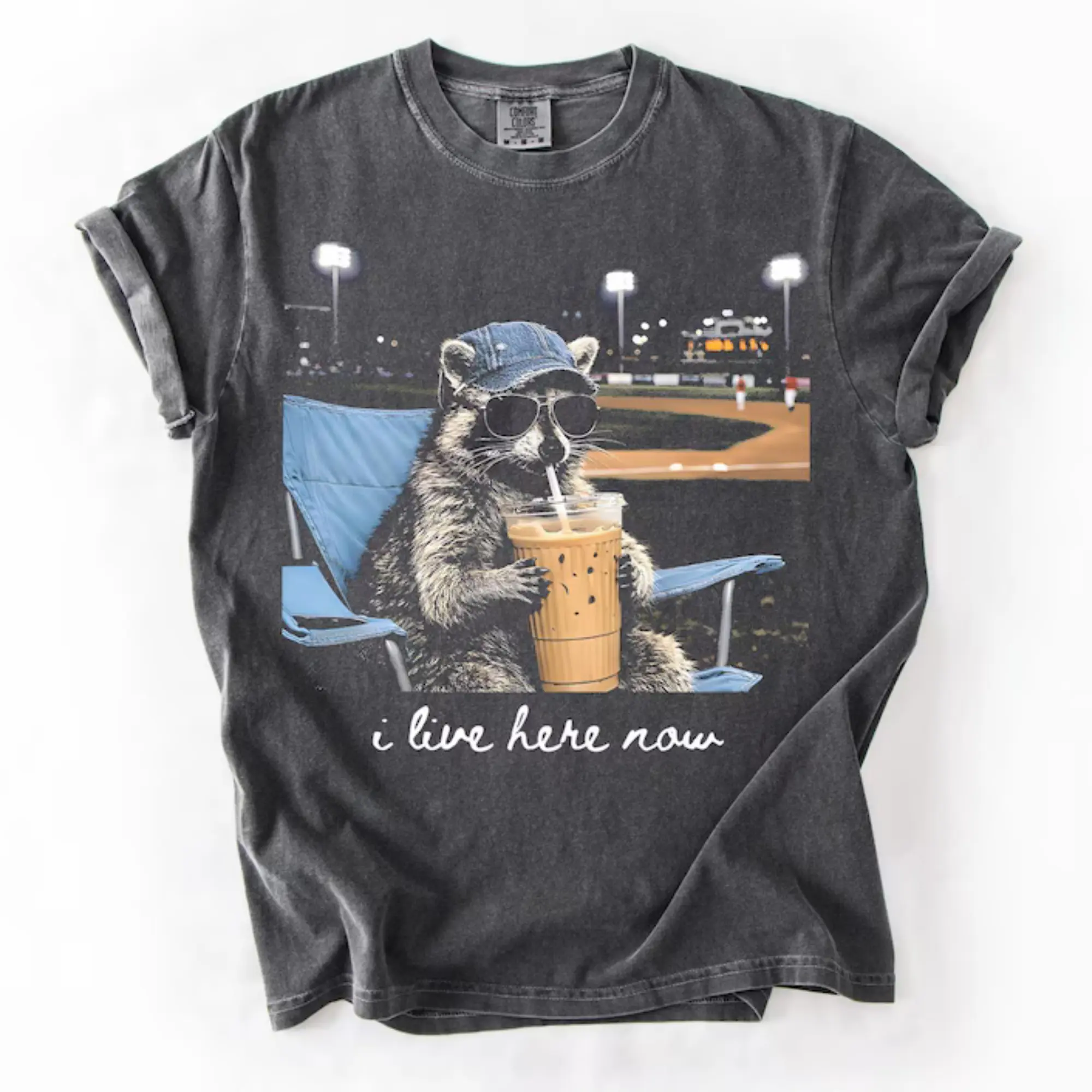 Comfort Colors Raccoon I live Here Now Shirt, Raccoon Drinking Iced Coffee Shirt, Ballfield Dark Shirt, Baseball field, Baseball Mama Tee