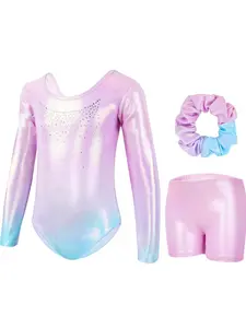 Gogokids Girls Three-Piece Gymnastics Leotards, Long Sleeve Gymnastics Set with Shorts and Hairband, Sparkling Ballet Dancing Unitards - Gymnastics Outfit with Gradient Color Design for 3-12 Years