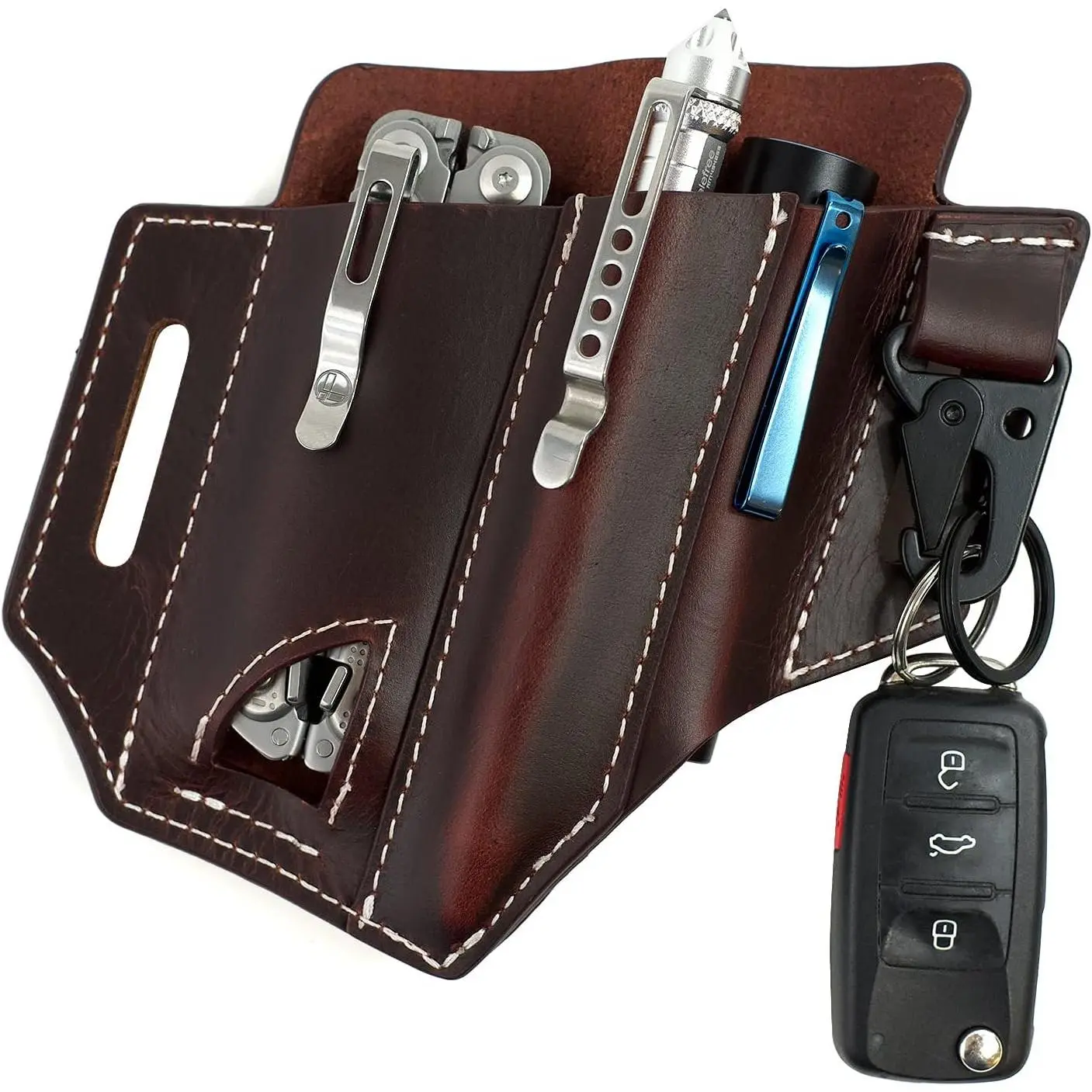 Multitool Sheath for Belt (Premium Leather) - EDC Pocket Organizer |     Leatherman Holster |     Handmade Leather Multitool Pouch with Pen Holder, Flashlight Sheath and Key Fob Clip by