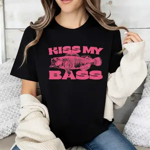 Kiss My Bass Graphic T-Shirt Hot Pink Funny Fishing Shirt For Women Y2K Preppy Lake Day Outfit Coastal Cowgirl Country Concert Bikini Cover Up