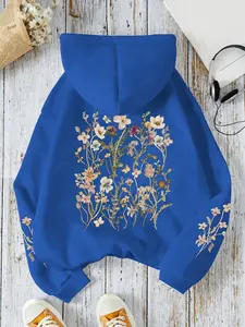 Women's Hooded Drawstring Loose Fit Sweatshirt, Floral Print, Kangaroo Pocket, Comfortable Casual Wear, Fall & Winter Fashion