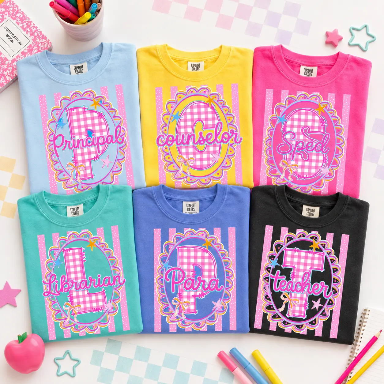 Comfort Colors School Staff Shirt, Teacher Counselor Librarian Para Principal Tee, Preppy Coquette Monogram Shirt, First Day Of School Tee, Back To School Gift