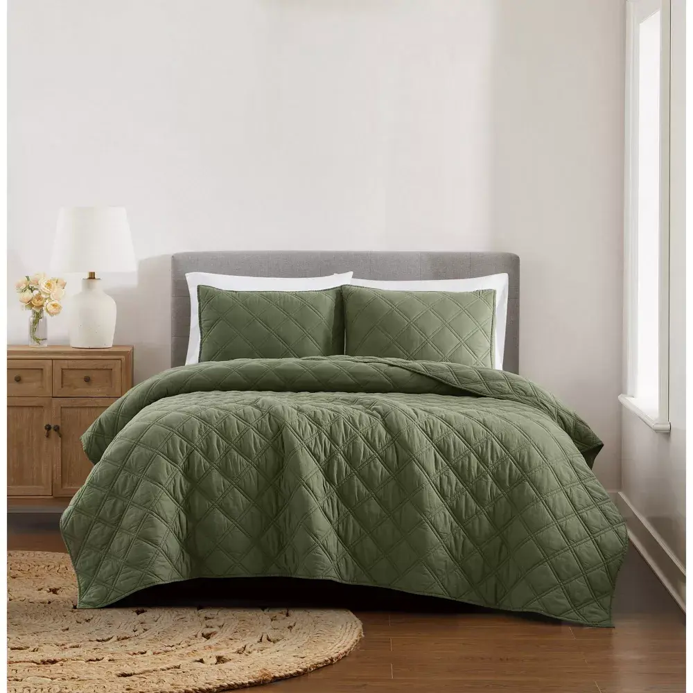 Brooklyn Loom Cotton Shell Diamond Quilt Set - Bedding Sets with Washed Look, Soft Furnishings for Bedroom Use, Room Decor, Home