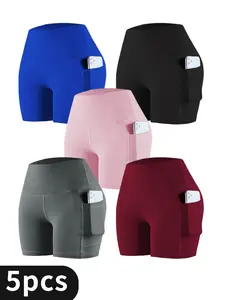 Women's 5 Piece High-Waisted Breathable Sports Cycling Shorts - Pocket Stretch Bodysuit for Fitness, Running, Cycling & Casual Wear