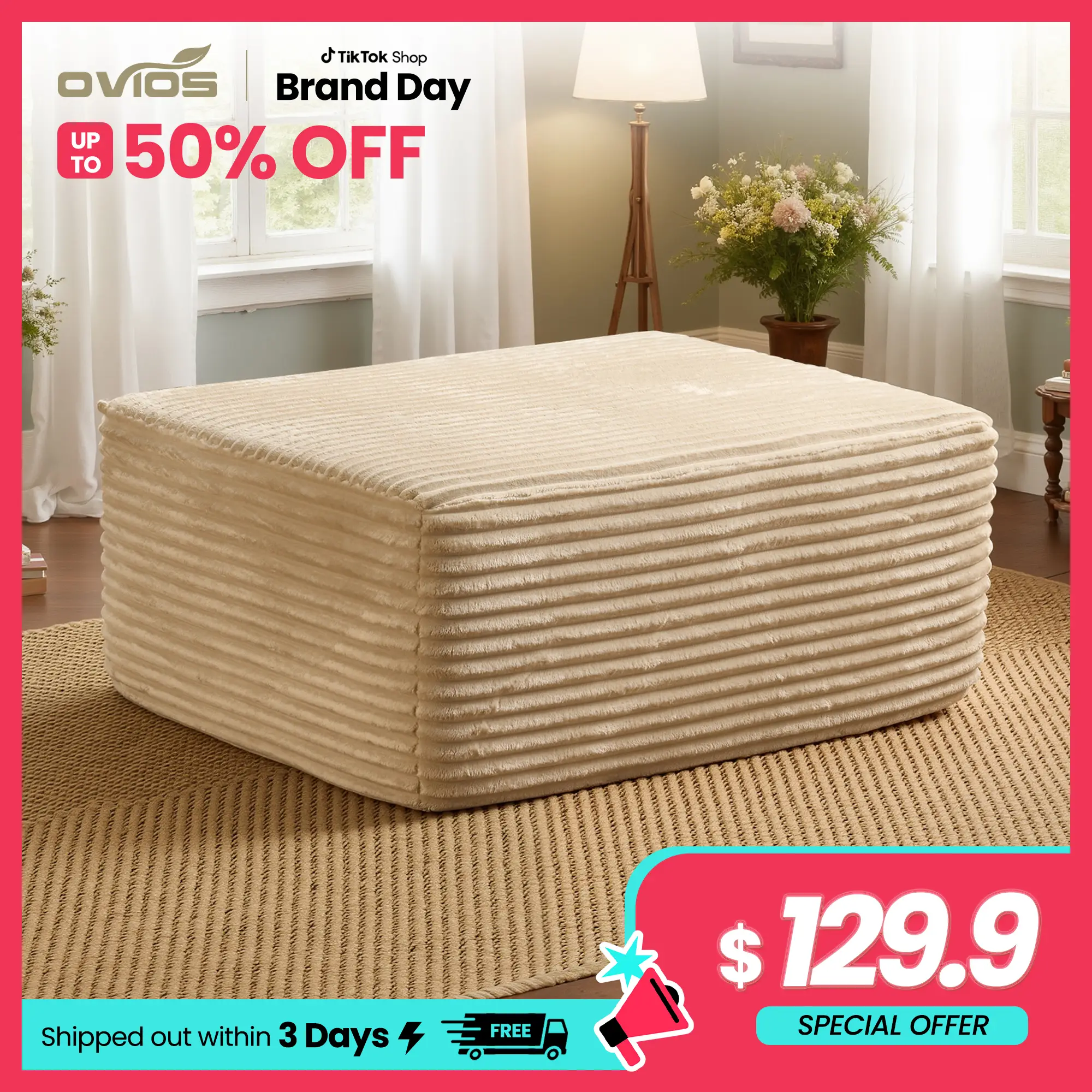 【Fall Deals For You】Ovios 37" Plush Corduroy Cloud Velvet Boneless Ottoman for Sofa Couch, Ottoman Foot Rest, End of Bed Bench, Storage Chest, Load 66