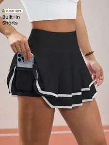 DORRIS Women's Contrast Color Waistband & Ruffle Hem Sports Skirt With Shorts Lining And Pockets, Spring/Summer