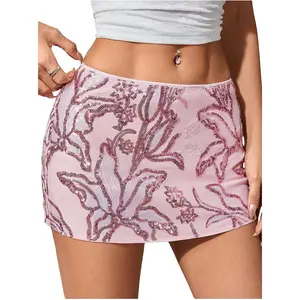 Women's Floral Sequin Sparkly Low Waist Bodycon Mini Party Short Skirts