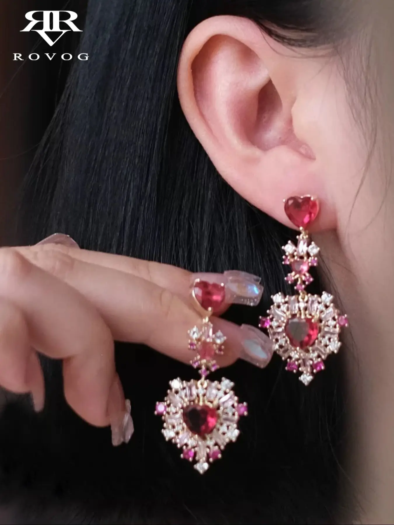 Fashion Party Exaggerated Heart Earrings, High-End Sparkling Artificial Zircon Copper Material, Women's Elegant Dangle Earings