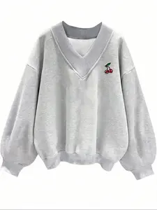 Sweet Spicy Style Light V-Neck Cherry Print Sweatshirt, Loose Lantern Sleeves, American Vintage College Wind, Must-Have Item