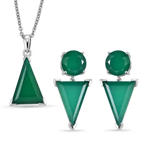 Verde Onyx 24.50 ctw Earrings and Pendant in Platinum Plated with Stainless Steel Necklace 20 Inches