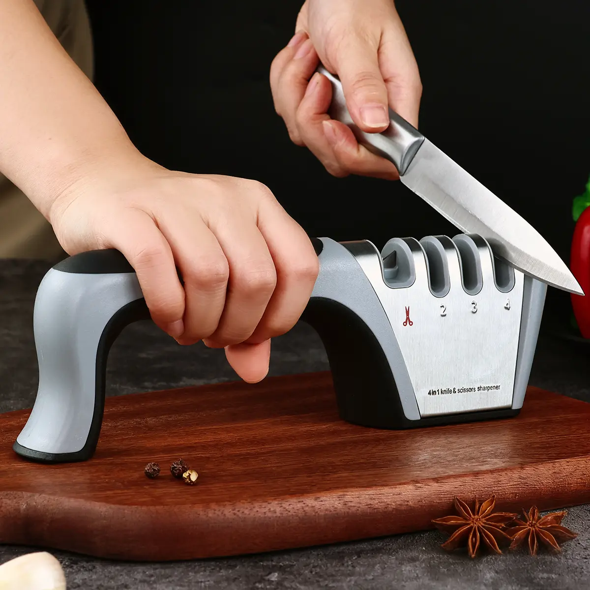 Household Manual Kitchen Knife Sharpener - 3-Stage Sharpening System, Kitchenware with Non-Slip Design & V-Shaped Opening, Fits Chef, Fruit, Slicing Knives, Slicers