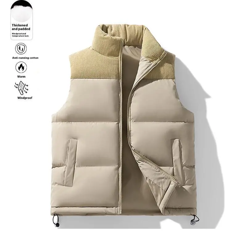 Men's Fashion Stand Collar Vest Sleeveless Jacket Thick Lining Quilted Cotton-Padded Winter Warm Coat with Contrast Color Patchwork Corduroy Fabric for Autumn and Winter Outdoor Casual Wear