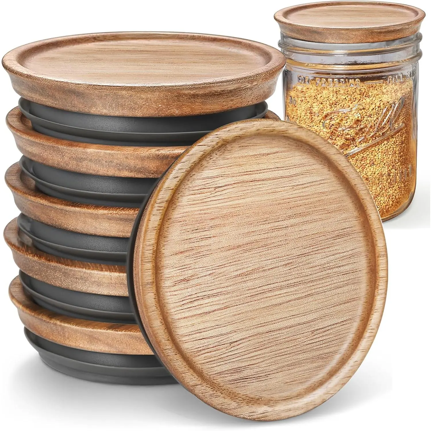 Wide Mouth Wooden Mason Jar Lids,  Acacia Lids with Airtight Seal for Dry Storage, Compatible with Ball/Mason Jars (Brown)