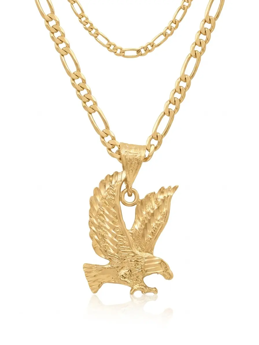 Gold Eagle Necklace for Men - 4mm Gold Figaro Chain, 14k Heavy Plated Gold