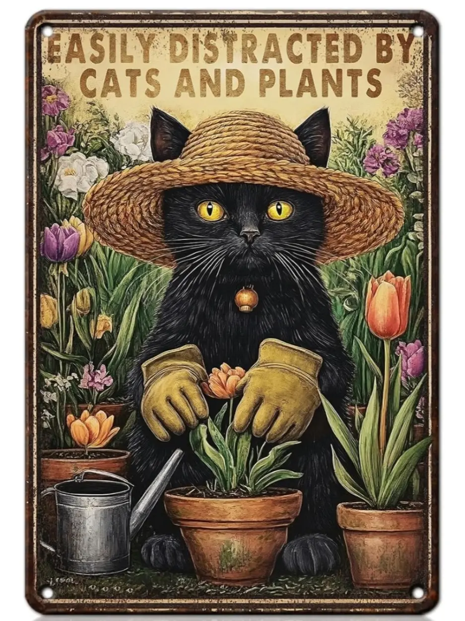 Garden Sign Cat Outside Sign Easily Distracted by Cats and Plants Vintage Funny Metal Wall Art for Home Farmhouse Kitchen Outdoor Gift 8x12inch Weatherproof Fade-Resistant with Detailed Cat Design