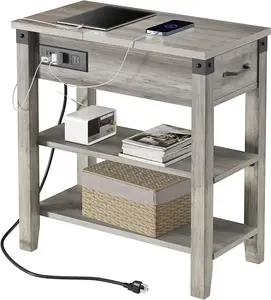 Narrow End Table with Charging Station 3-Tier Farmhouse Slim Side Table W/USB Ports Power Outlets Nightstand w/Flip Top Storage Drawer End Table for Small Spaces Living Room Bedroom