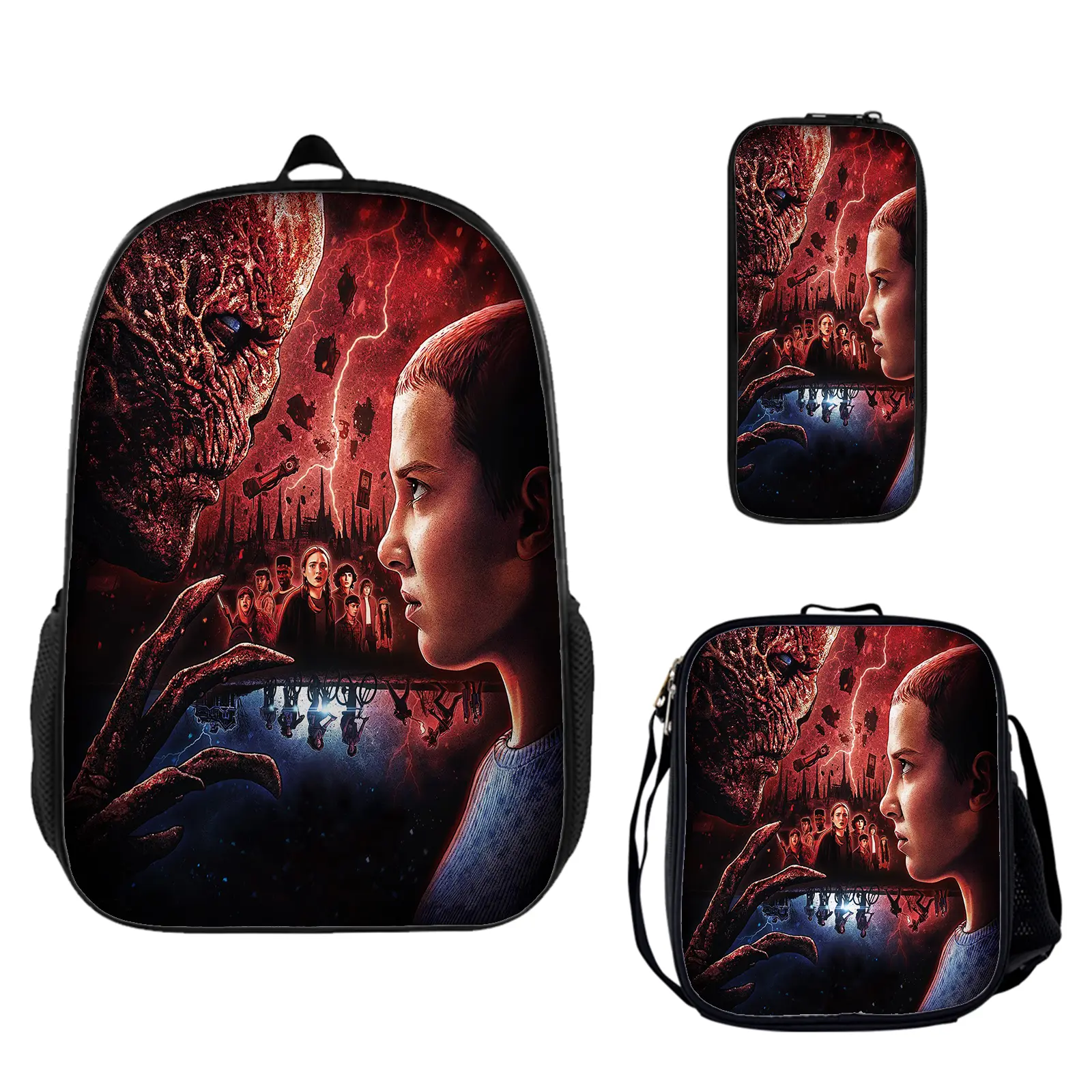 Stranger Things Cartoon Graphic 3-Piece Large Capacity Backpack Set - Vibrant Holiday Camping School Bookbag with Insulated Lunch Box, Pencil Pouch for Teen Fans (c-222), High-Definition Prints, Hiking, Zipper, One Size