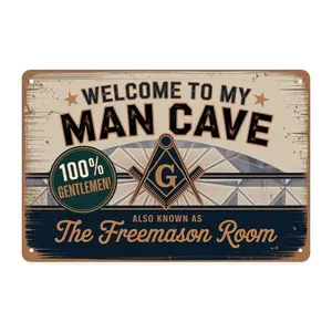 Man Cave Freemason Tin Sign, Vintage Freemason Man Cave Metal Sign Print Aesthetic Room Decoration for Home Bedroom Bar Garage Indoor Outdoor Wall Decor, 8 X 12 IN