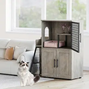 Garvee Modern Double-Layer Cat Litter Box Enclosure – Hidden Cat Litter Furniture with Ladder and Platform, Large Indoor Cat House, Easy Assembly, Odor-Free Design, Ideal for Home Decor