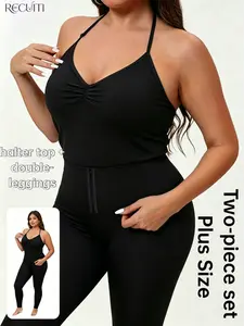 Recuiti Plus Size Women's Two-Piece Sports Bra and Tight Pants Set, Adjustable Straps, Detachable Pads, Casual Fitness Wear