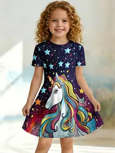 Dreamy Unicorn Theme Girls' Dress, Star Dress, Casual Asymmetrical One-Piece, Short Sleeve Knee Length, Perfect for Daily Birthday Outing