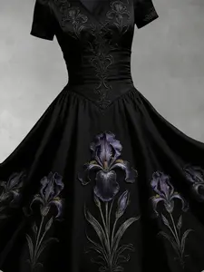 Vintage Gothic Waist-Tied A-Line Dress, Elegant V-Neck Short Sleeve, Slimming Fit, Perfect for Parties, Dates, Photoshoots, Daily Wear