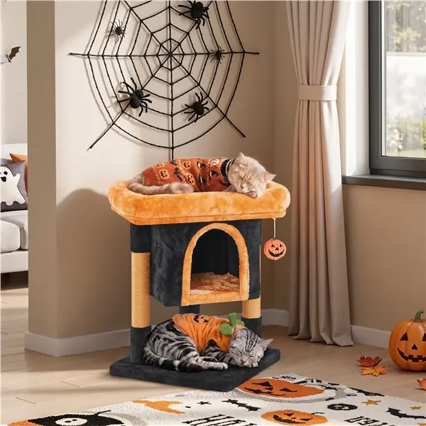 Yaheetech Pumpkin Theme Halloween Cat Tree Condo, 54.5in/23in Tall Contemporary Plush Fabric Multilevel Structure with Wide Perch, Scratching Posts, Climbing Tower for Indoor Small Cats (Cozy Warmth for Play & Rest)