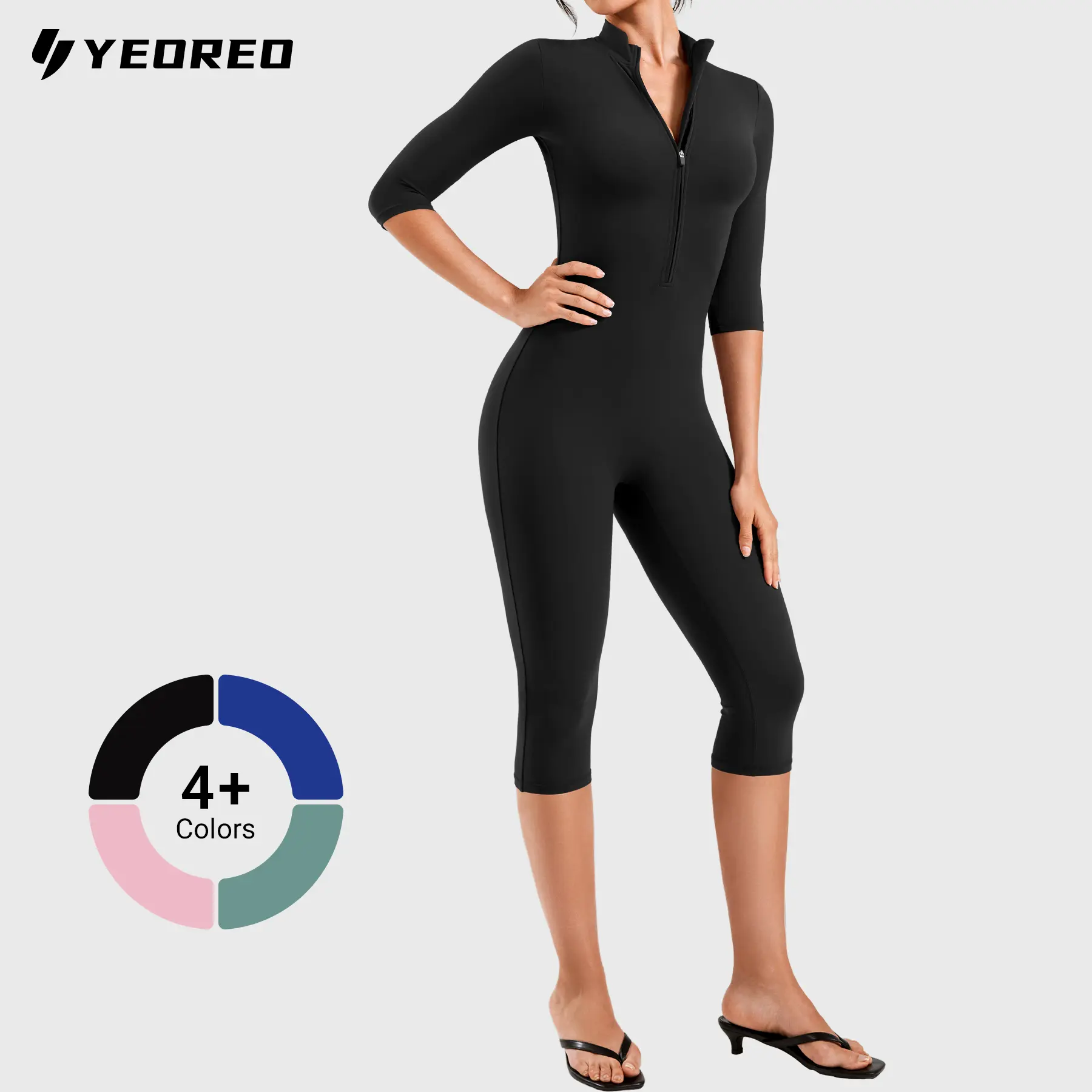 YEOREO Women's Sleek Sculpting Workout Jumpsuit, Zip-Front 3/4 Sleeve Capri Fitness Activewear for Gym in Buttery-Soft Fabric, Yoga Jumpsuit