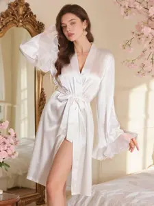 Elegant Satin Nightgown for Women, Romantic Style with Lace Bell Sleeves, Smooth Flowing Fabric, Ideal for Wedding/bridal Party/home Wear